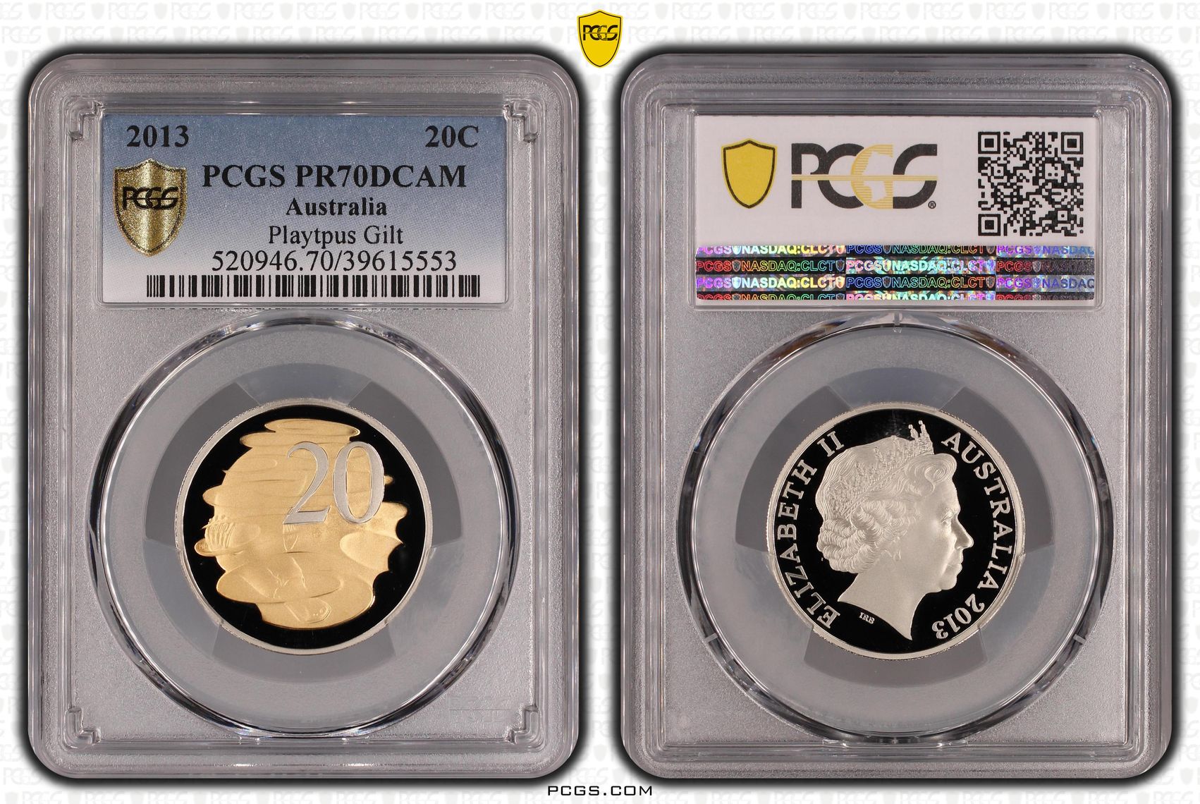 240 · 2013 Australia Twenty Cent, 20c Playtpus Gilt PCGS - PR70DCAM POP 33/0 -553