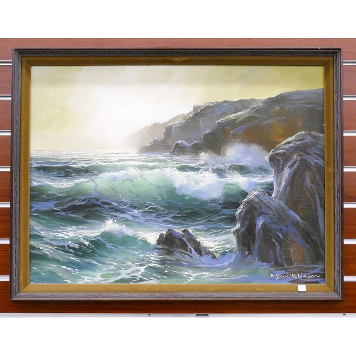 E. John Robinson Crashing Waves Oil on Canvas Framed- 20x26''