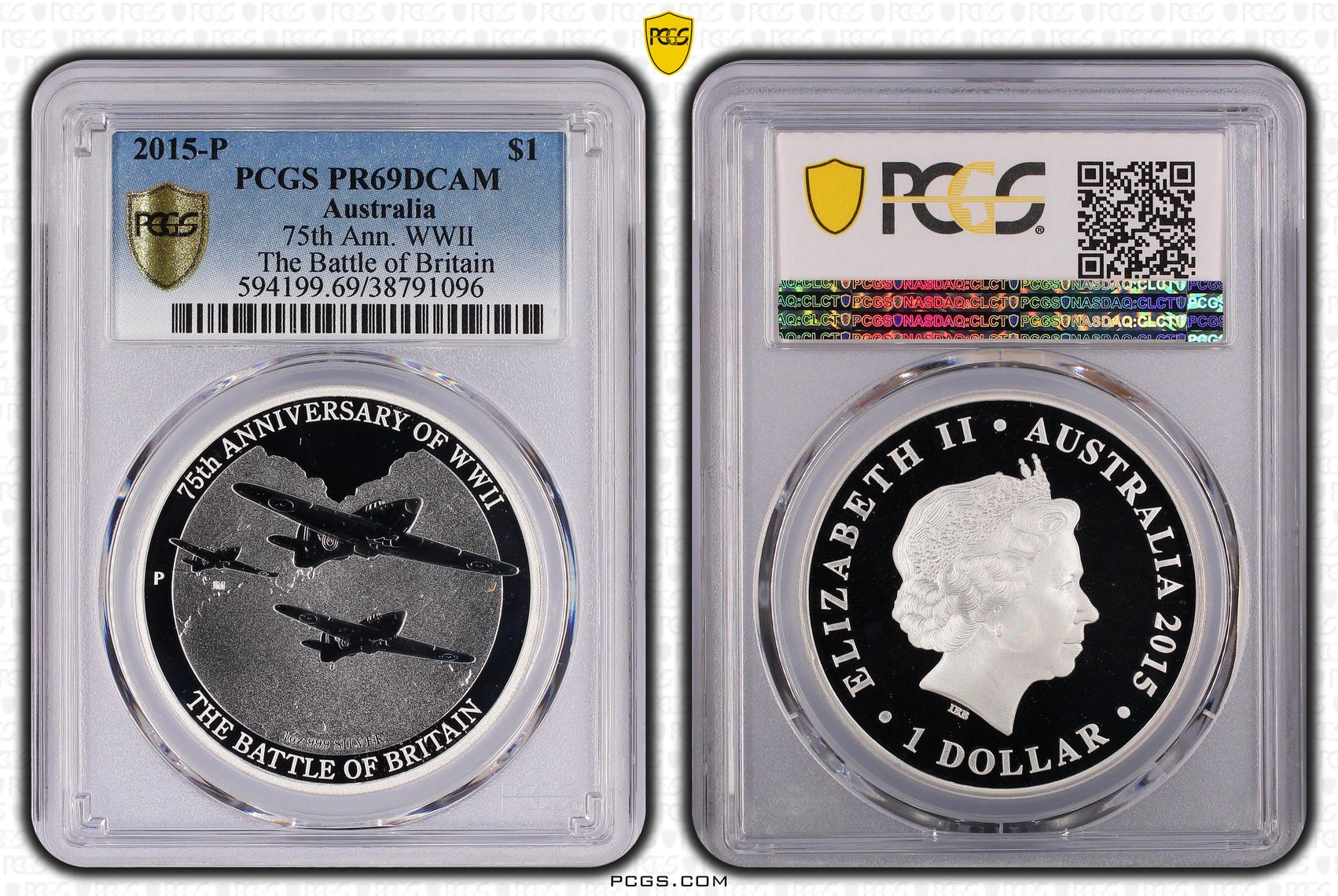 2015-P Australia One Dollar, $1 Silver Proof 75th Ann. WWII - The Battle of Britain PCGS - PR69DCAM POP 3/0 -096