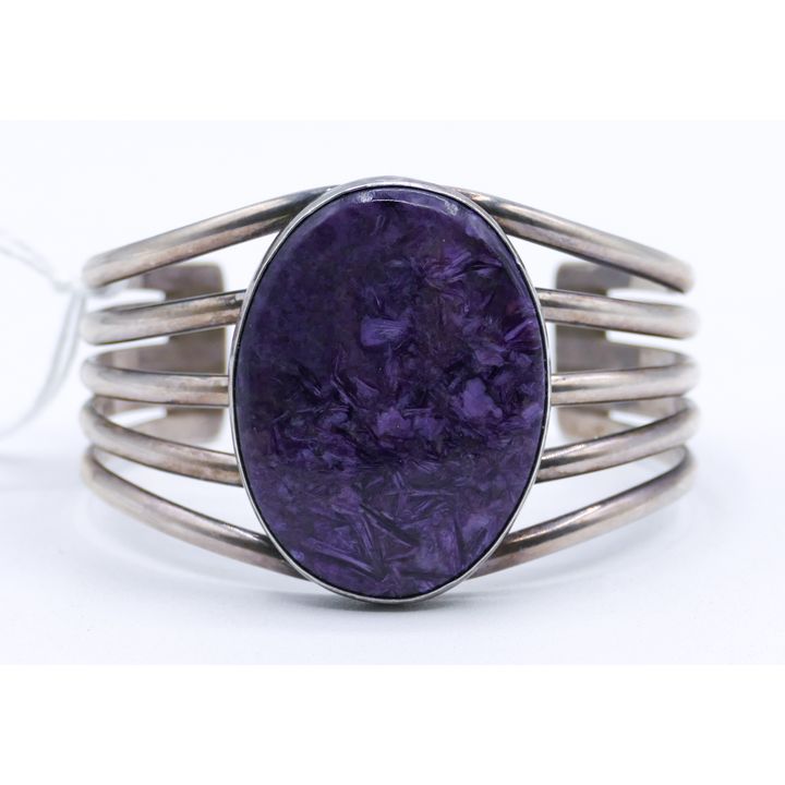 Sterling Purple Stone Cabochon Cuff Bracelet Fits 6.5'' - 48 Grams