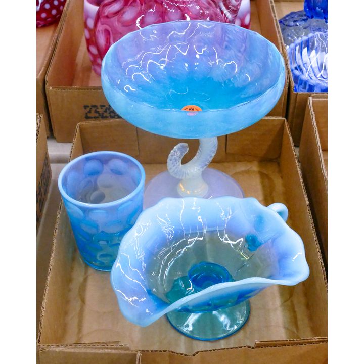 Box 3pc Venetian Blue Opalescent Compote etc.