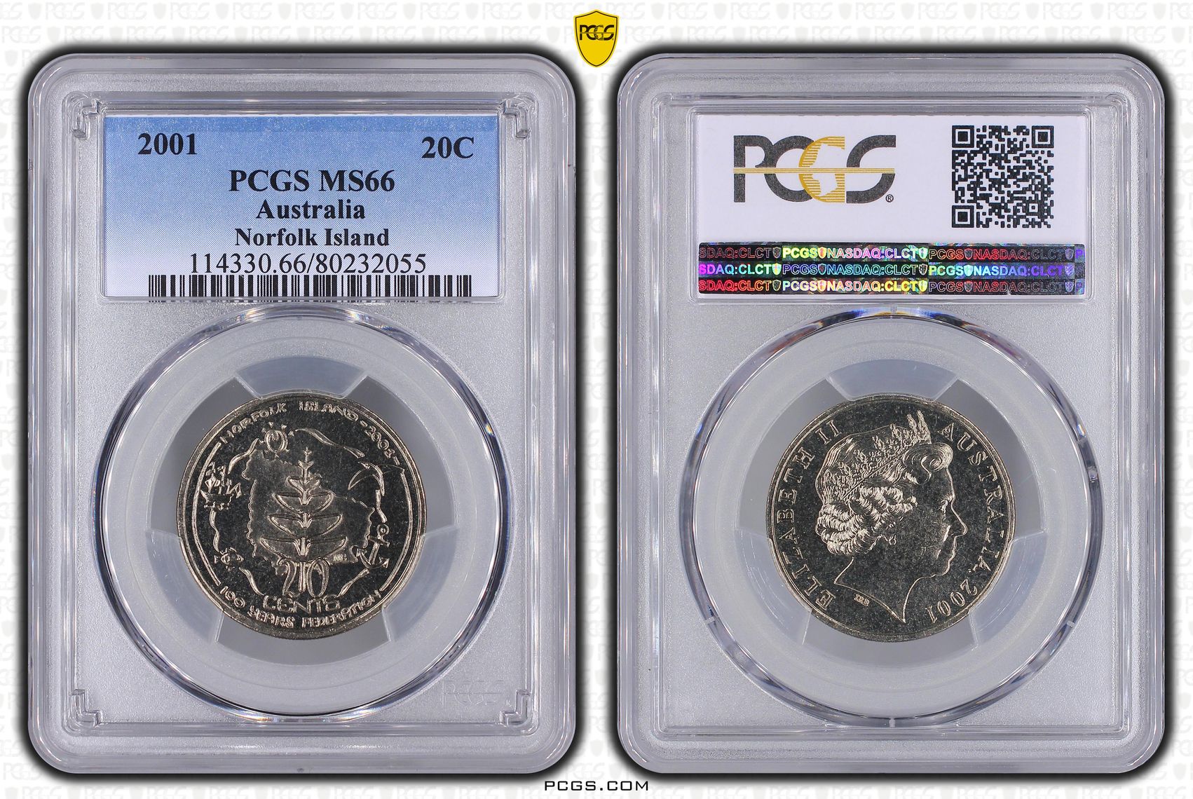 Elizabeth II, Norfolk Island, Twenty Cent, 2001, PCGS MS66