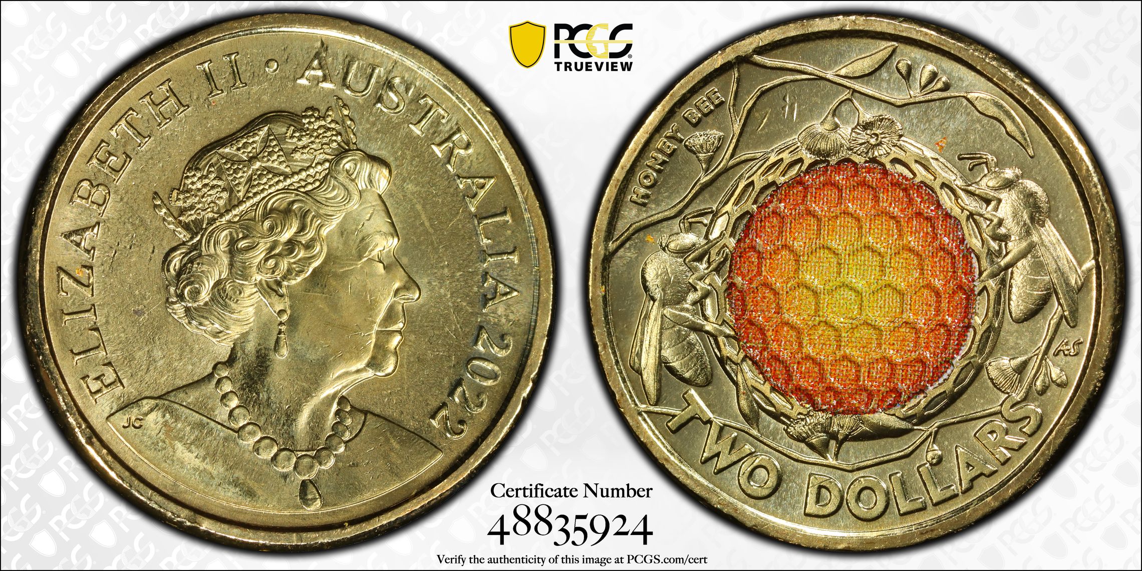 Honey Bee Colorized, Two Dollar, 2022, PCGS Genuine - UNC Details (95 - Scratch)