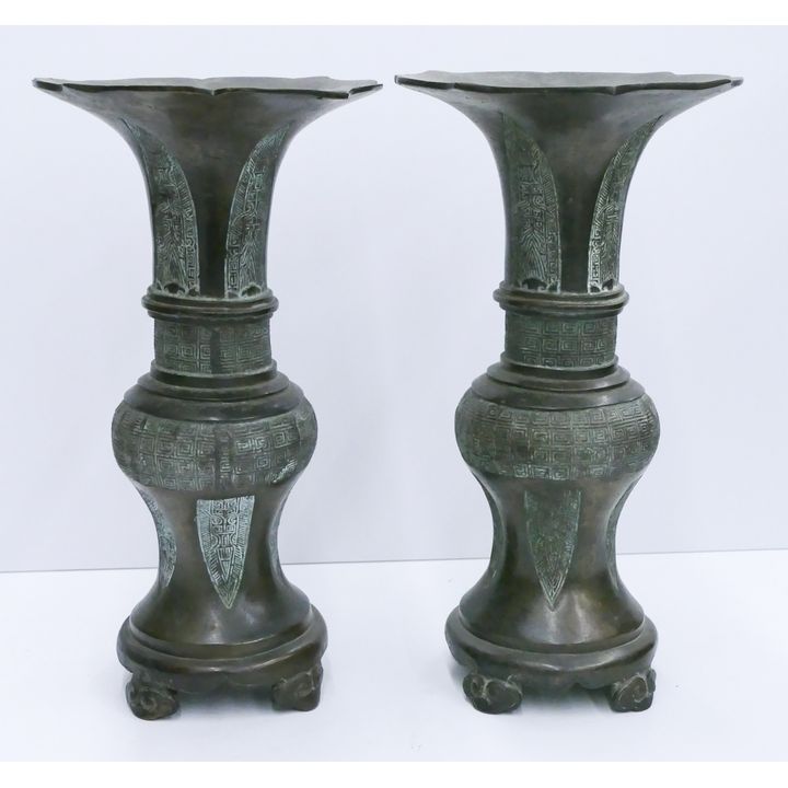 Pair Chinese Qing/Republic Archaic Bronze Gu Vases