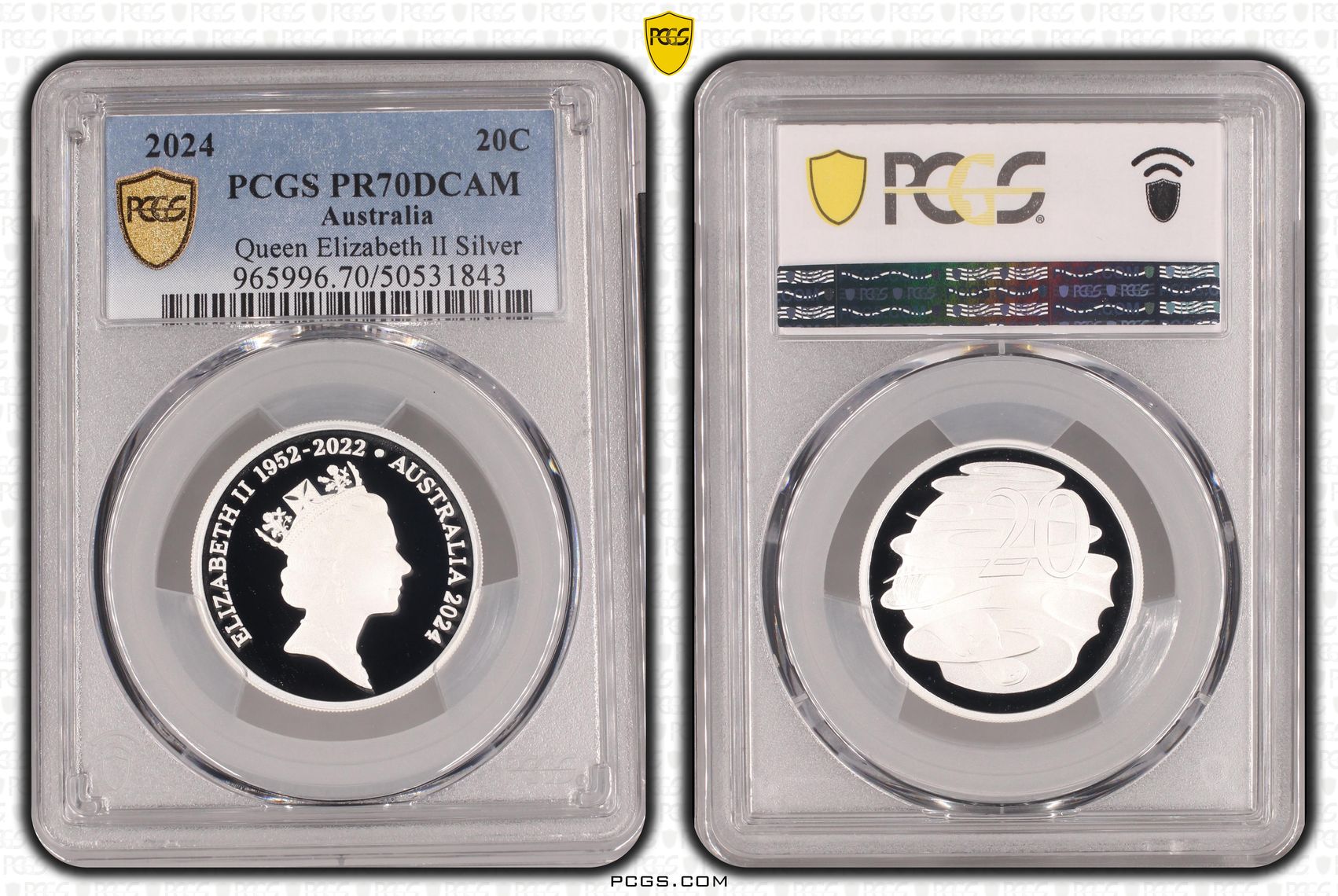Queen Elizabeth II Silver, POP 8/0, Twenty Cent, 2024, PCGS PR70DCAM