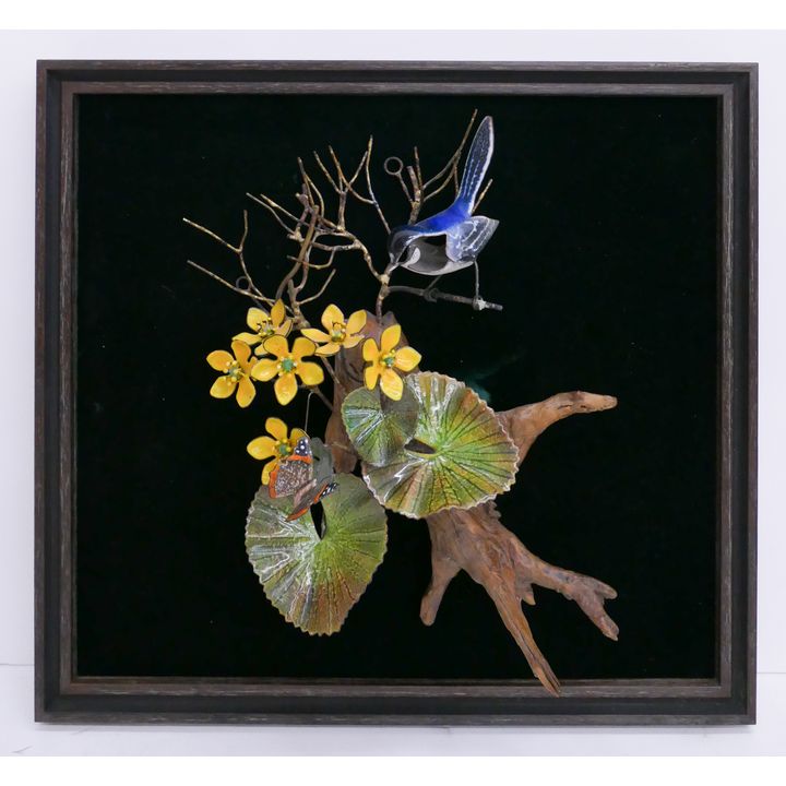 Norman & Judith Brumm (Michigan) Enameled Copper and Wood Bird Sculpture.