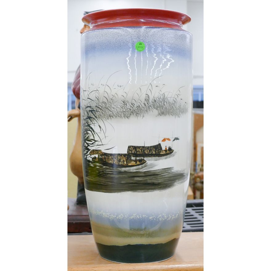 Chinese Painted Fishing Boats Porcelain Vase 20''