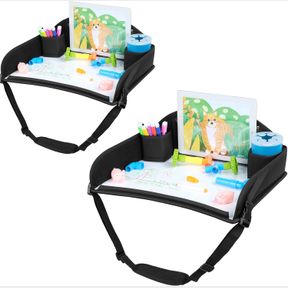 COOLBEBE KIDS TRAVEL TRAY FOR TODDLER CAR SEAT, AIRPLANE, STROLLER; 2-PACK BLACK MINIMALIST FOAM TRAY WITH 2 CUP HOLDERS, 8 ERASAB