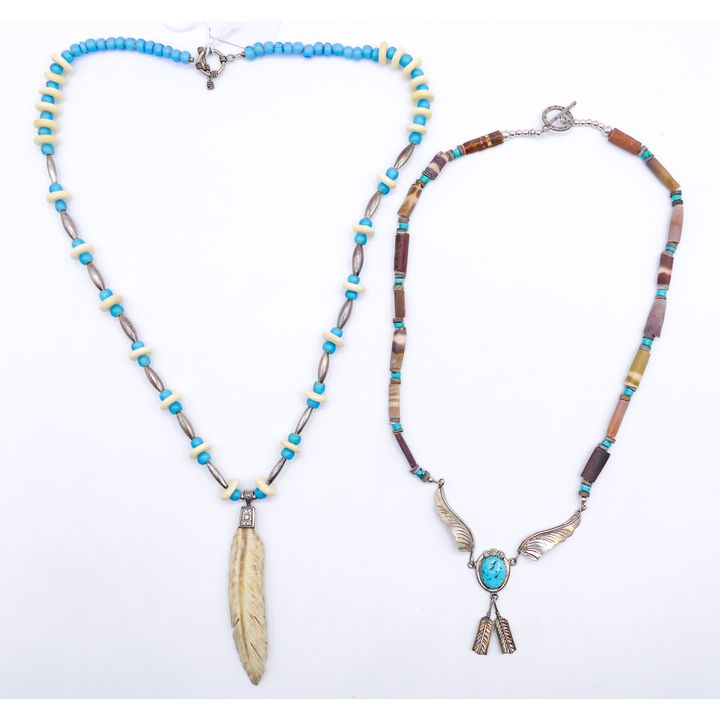 2pc Southwest Sterling Feather Pendant Long Necklaces