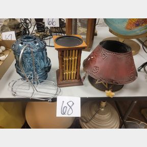 Vintage metal lamp shades, candle holders and tray