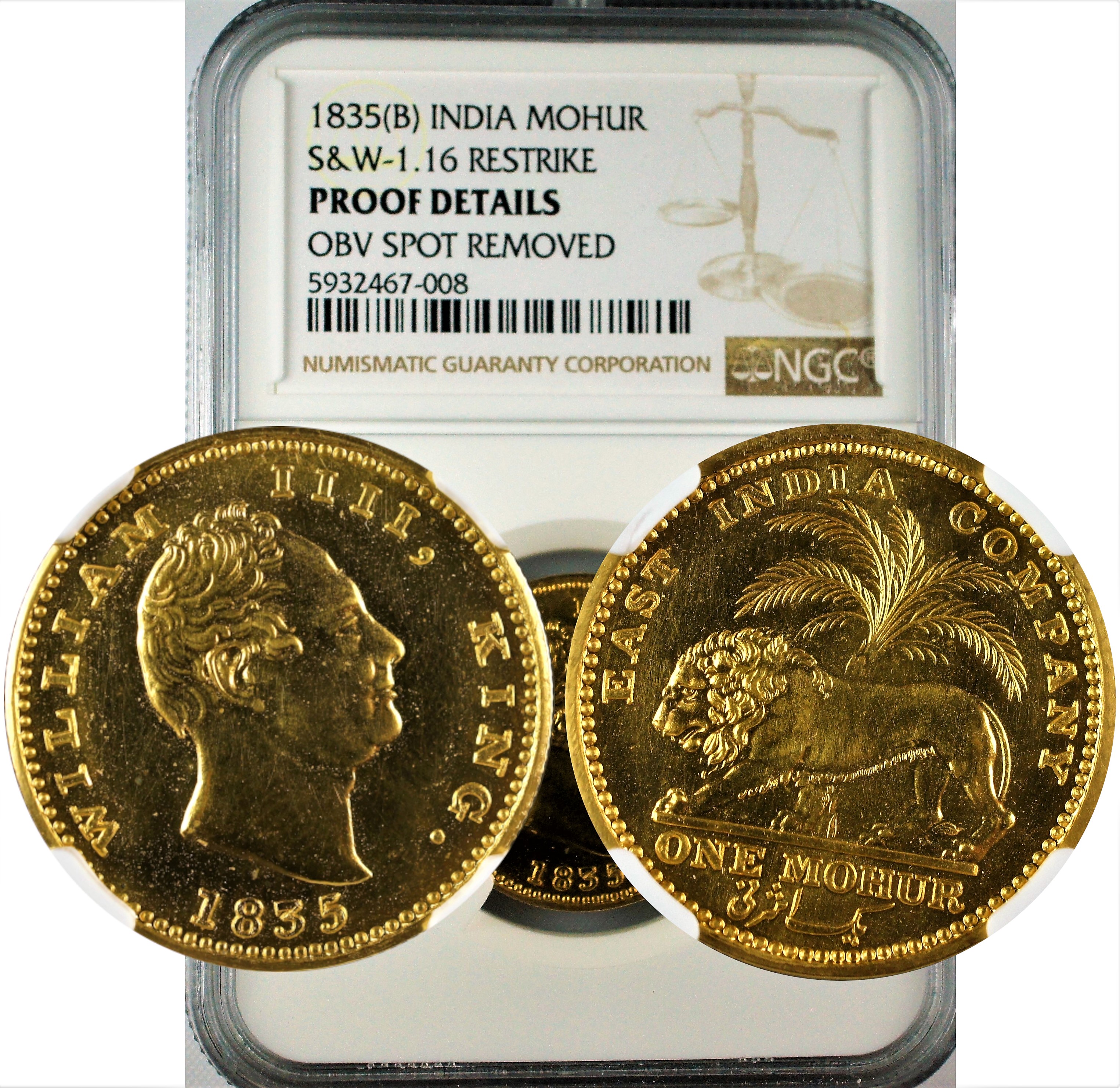 India 1835 B Gold Mohur Restrike NGC Proof Details