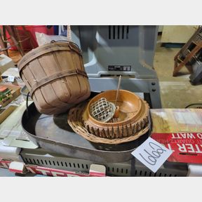 Small basket, metal pan and nut cracker container