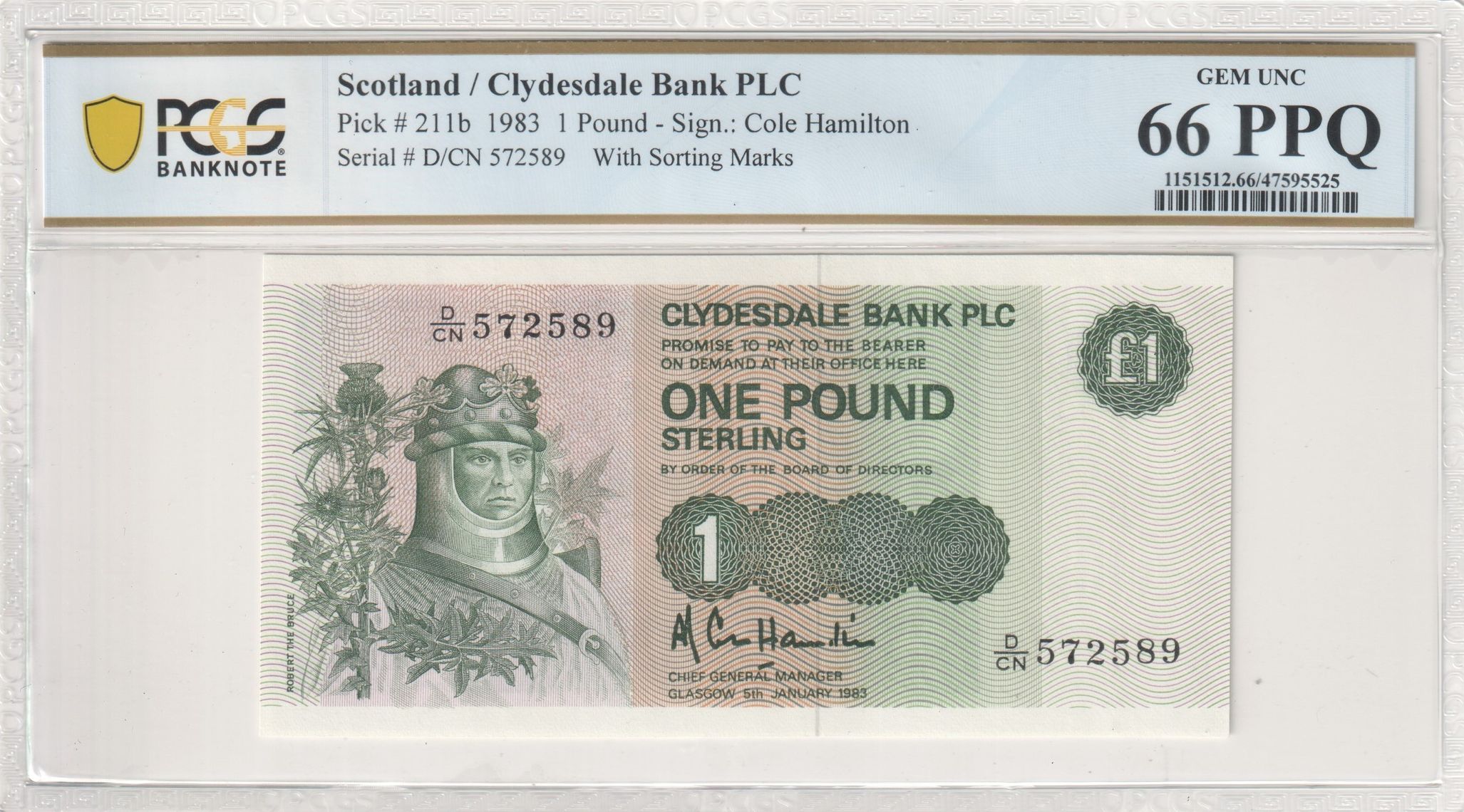 Scotland, Clydesdale Bank PLC, Cole Hamilton, With Sorting Marks, One Pound, 1983, PCGS Gem UNC 66 PPQ