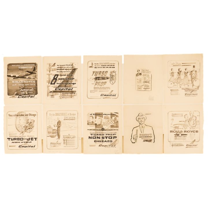 10pc Frederick Widlicka Capital Airline Advertisements Ink & Graphite