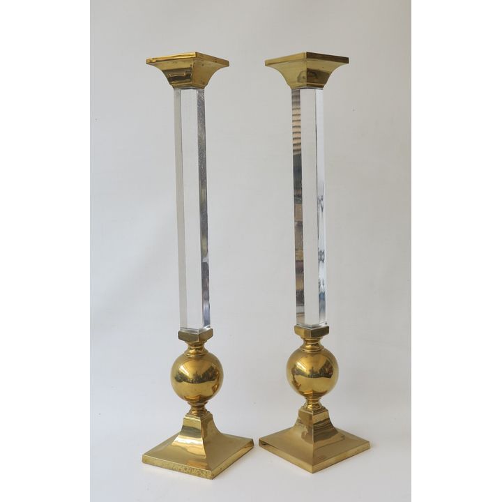 PAIR OF TALL BRASS AND PERSPEX CANDLESTICKS