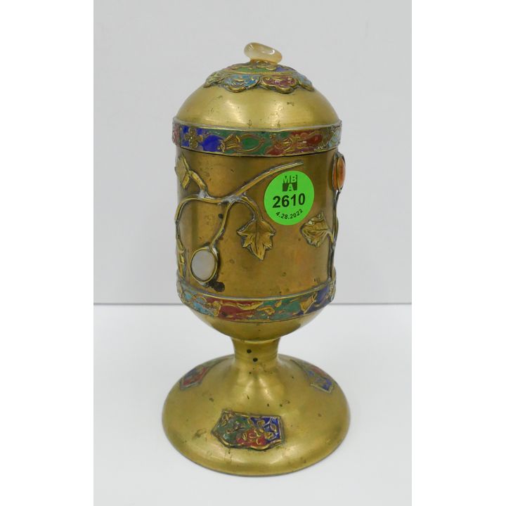 Old Chinese Brass Stone Applique Cigarette Jar- 6''