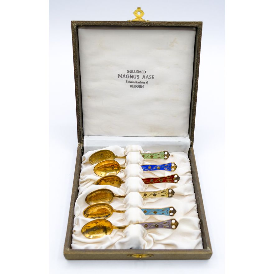 Set Magnus Aase Enameled Sterling Demi Spoons in Box