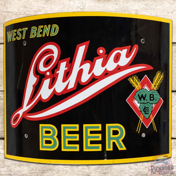 West Bend Lithia Beer Curved SS Porcelain Sign w/ Logo