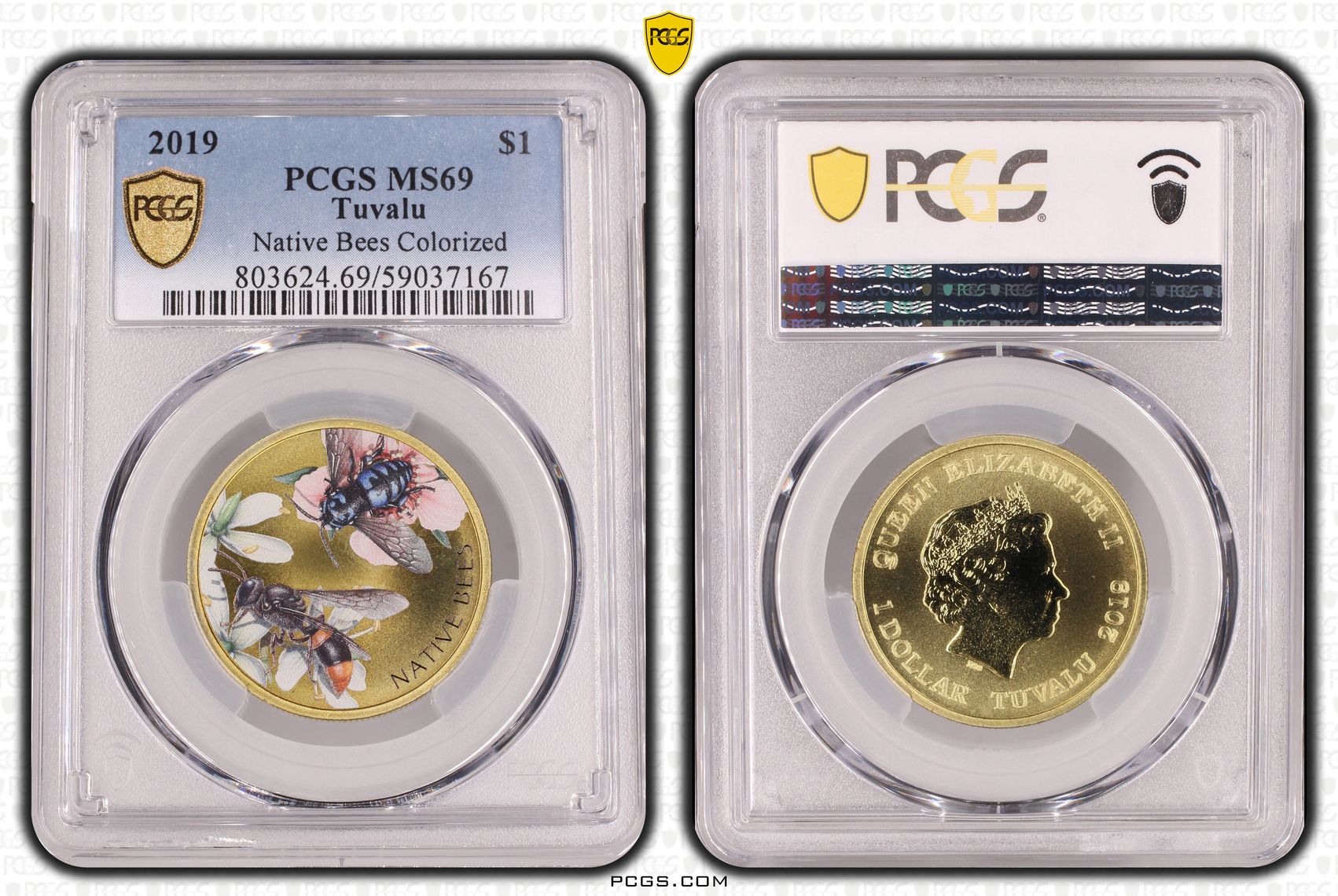 272 · Tuvalu, Native Bees Colorized, One Dollar, 2019, PCGS MS69