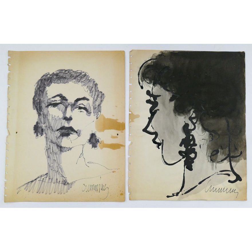 2pc William Cumming ''Large Female Portraits'' 1950's Ink