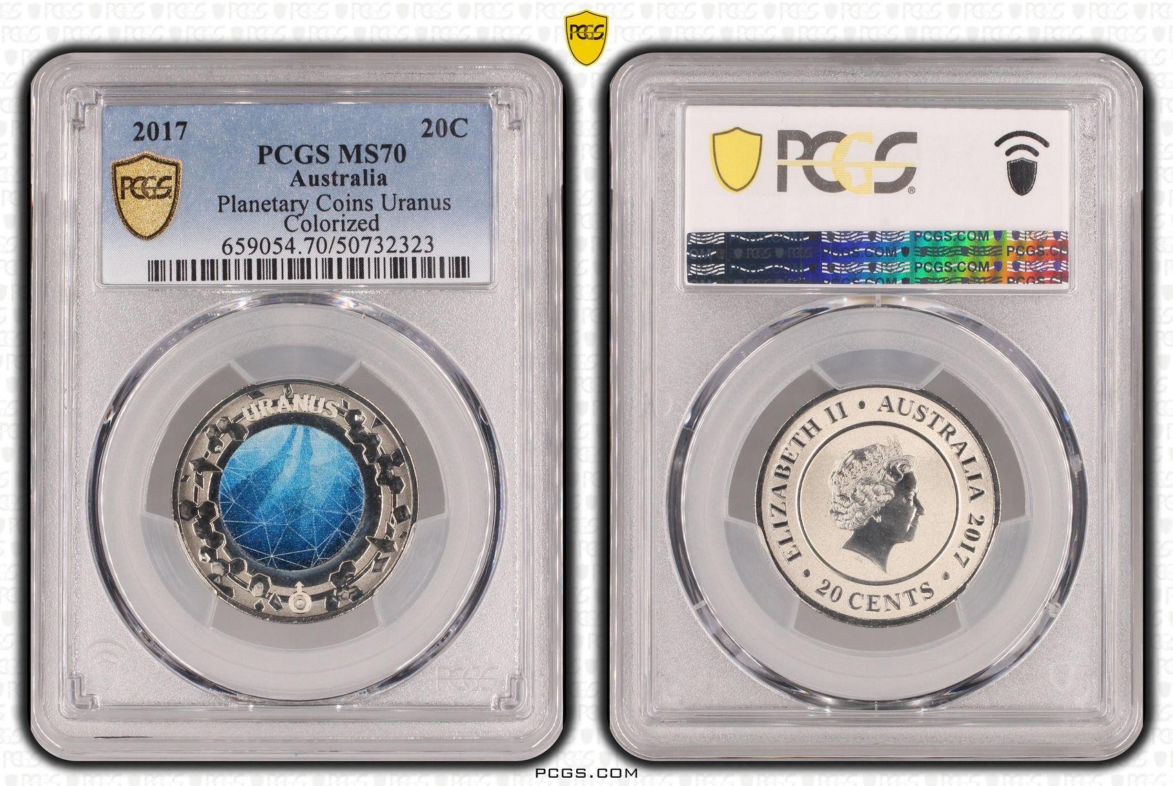 Planetary Coins Uranus Colorized, Twenty Cent, 2017, PCGS MS70