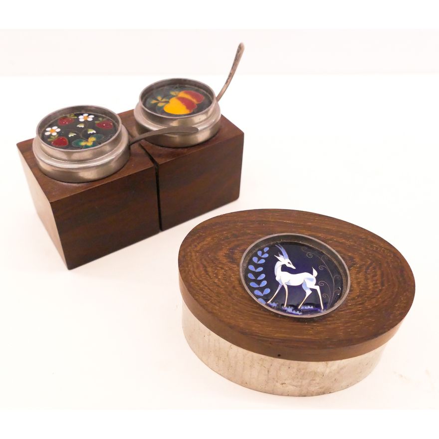 2pc Pfeiffer Enameled Pewter Boxes- 4'' diameter