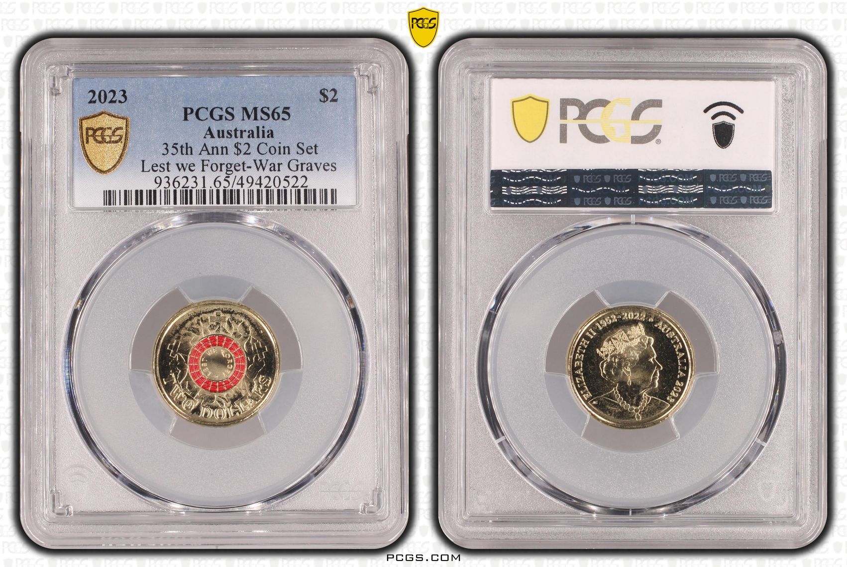 Elizabeth II, 35th Ann $2 Coin Set Lest we Forget Lest we Forget-War Grave, Two Dollar, 2023, PCGS MS65