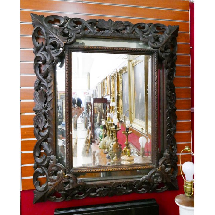 Antique German Oak Ornately Carved Hanging Mirror- 44x36x6''- some small chips to wood
