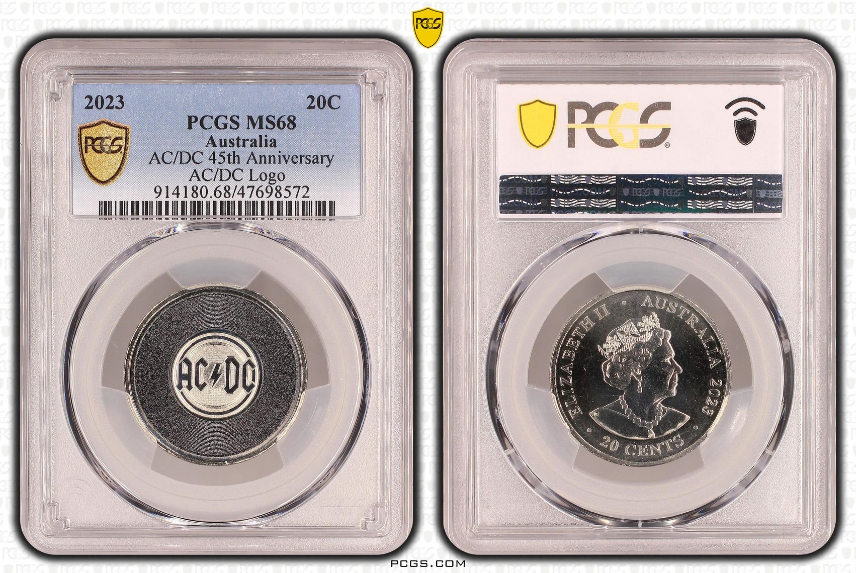 Elizabeth II, AC/DC 45th Anniversary - AC/DC Logo, Twenty Cent, 2023, PCGS MS68