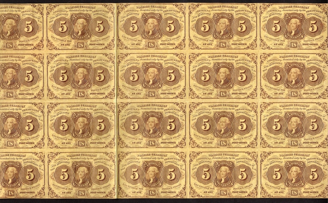 Fr.1230. Uncut Sheet of 20 Fractional Currency 5 Cent Notes. First ...