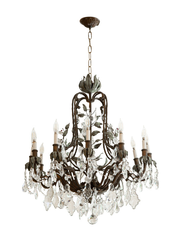 A Continental Patinated Bronze, Tole and Cut Glass Twelve-Light Chandelier