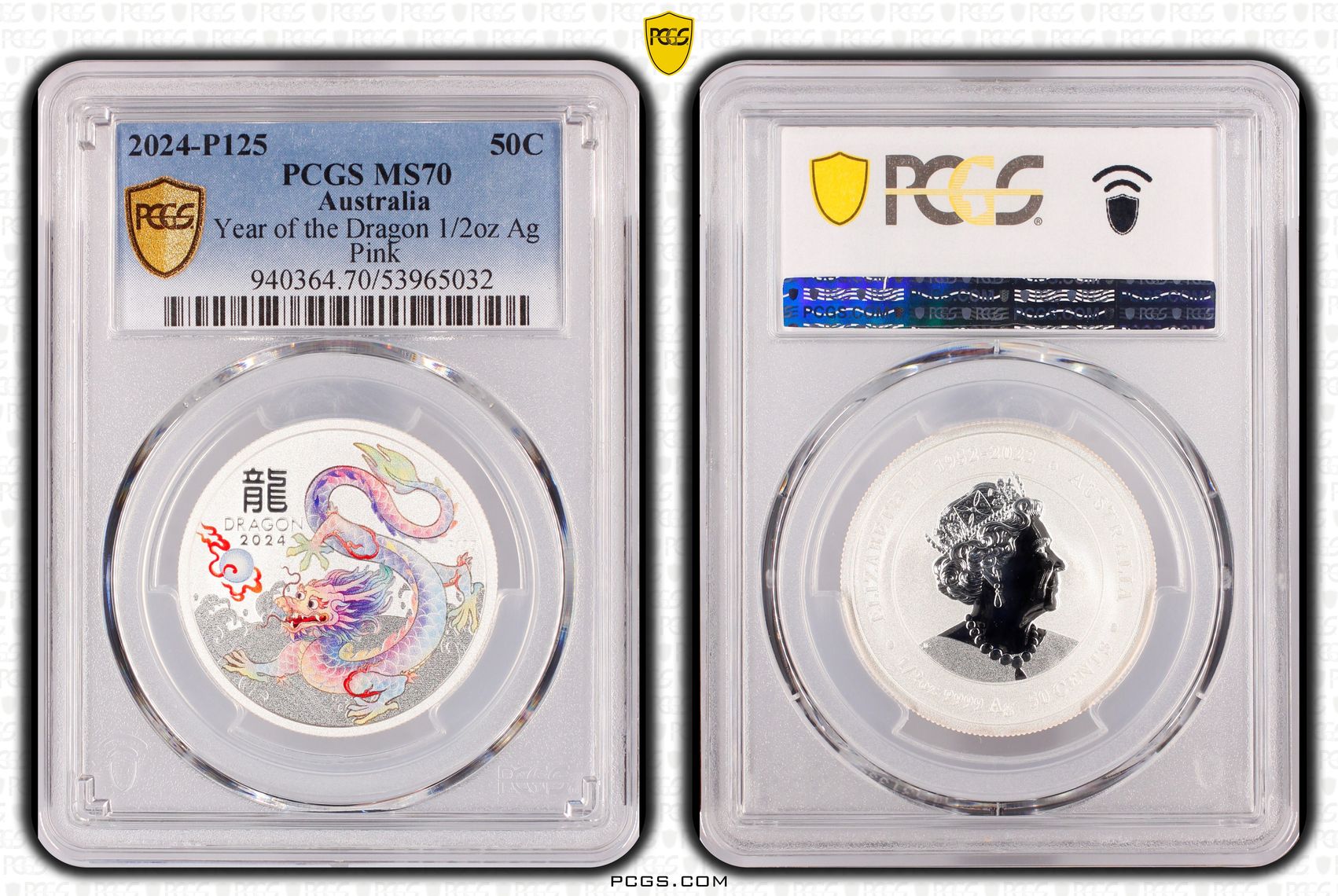 Year of the Dragon 1/2oz Ag Pink, Fifty Cent, 2024-P125, PCGS MS70