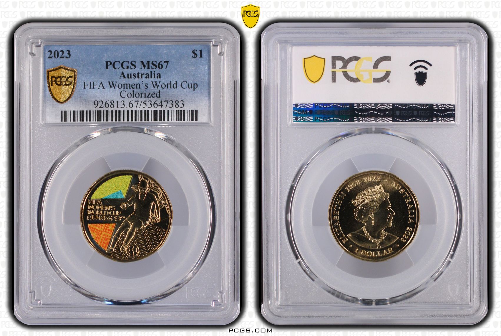 341 · FIFA Women's World Cup Colourised, One Dollar, 2023, PCGS MS67