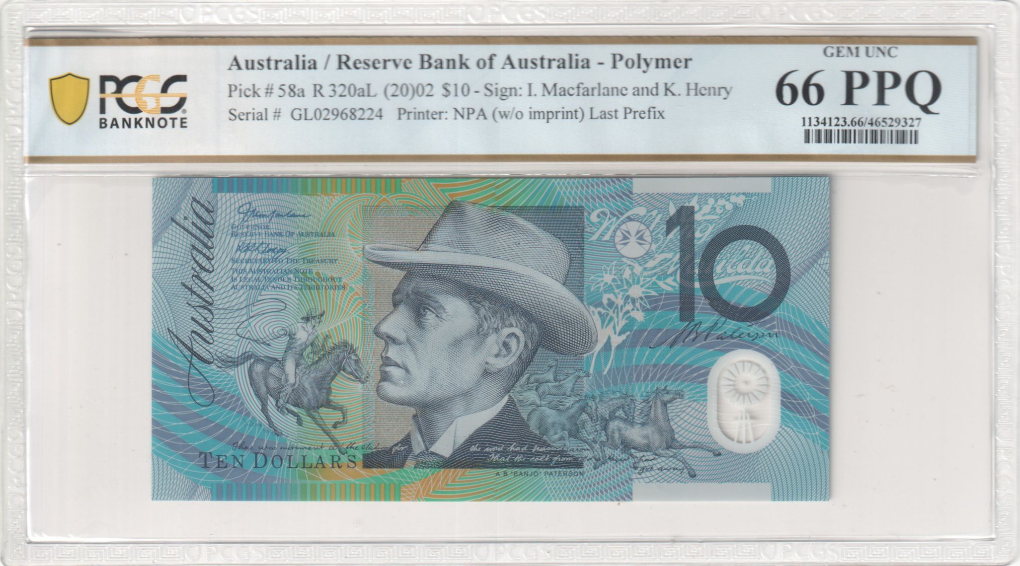 Macfarlane/Henry, Last Prefix, Ten Dollar, 2002, PCGS Gem UNC 66 PPQ