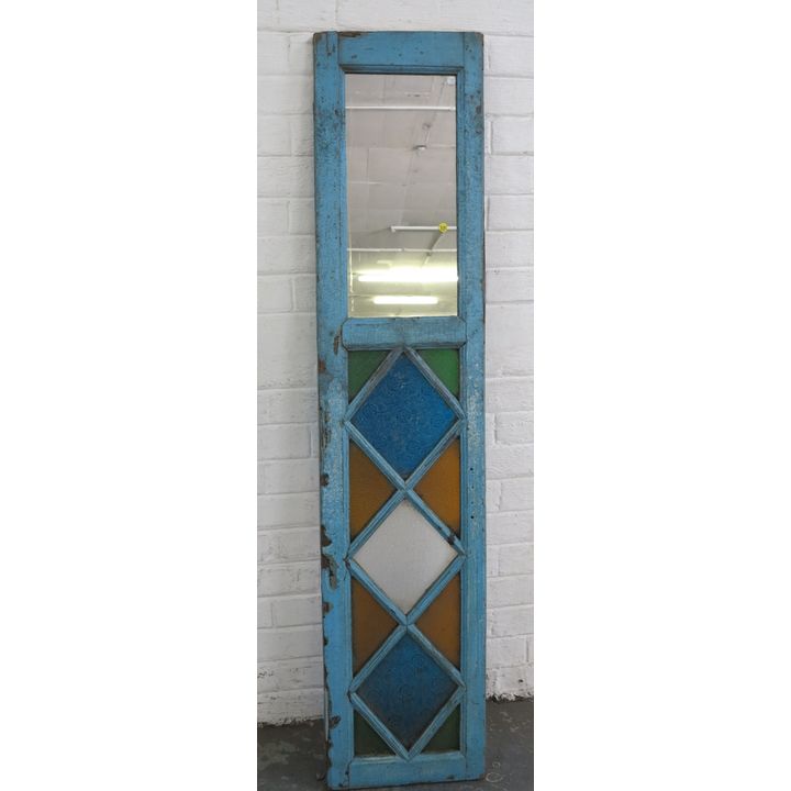 INDIAN PAINTED TEAK MIRRORED AND STAINED GLASS PANEL