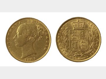 1862 Queen Victoria Young Head London Mint Shield Gold Sovereign.