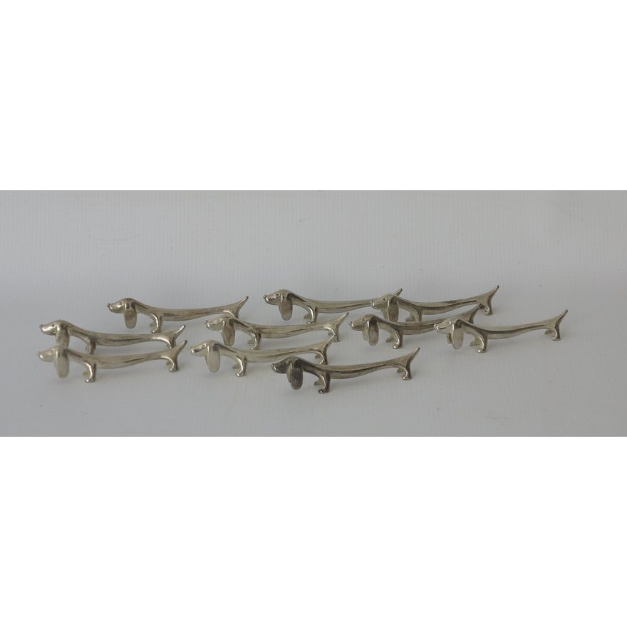 SET OF 10 VINTAGE SILVERPLATED DACHSHUND KNIFE RESTS