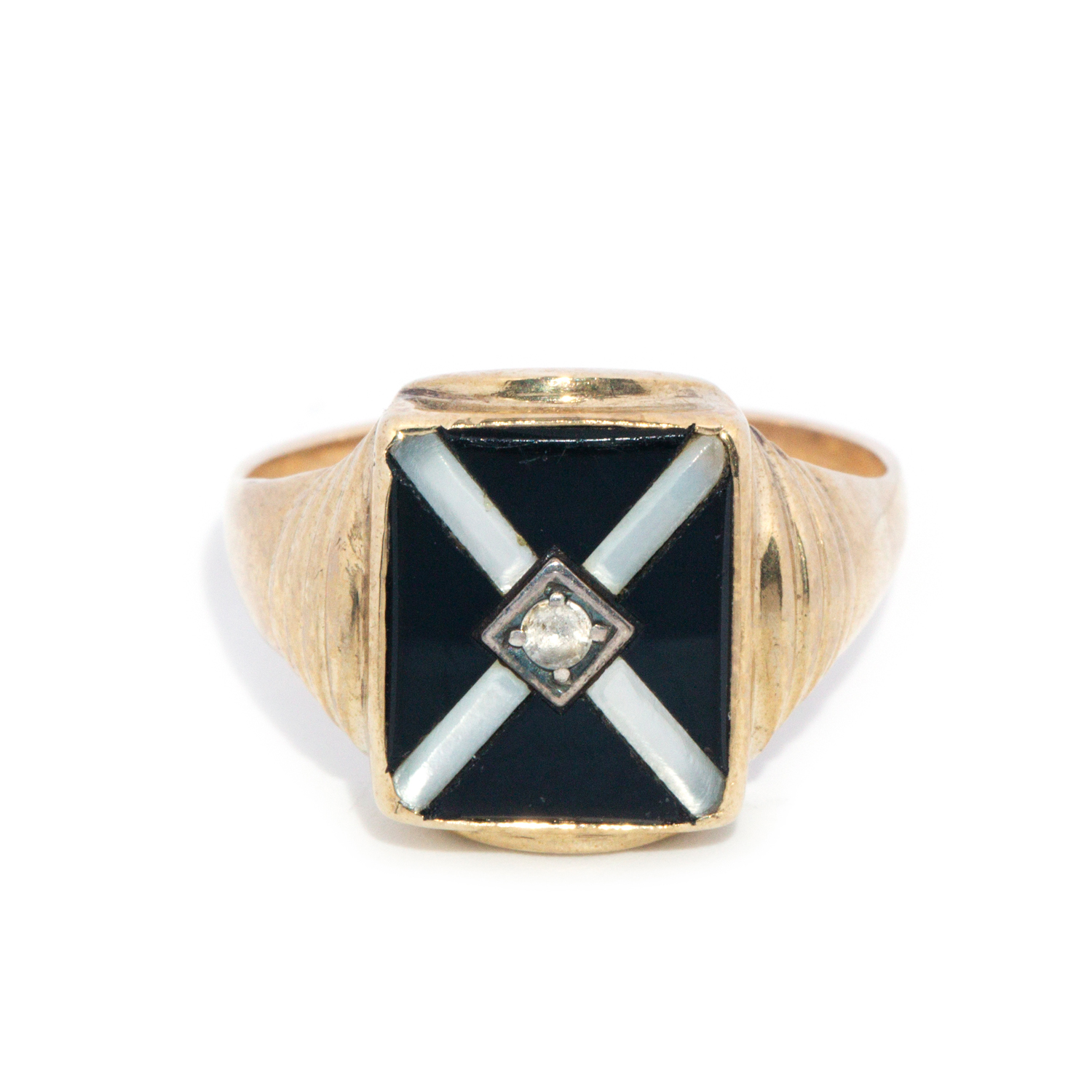 Onyx Mother of Pearl & Diamond Ring 9ct Gold