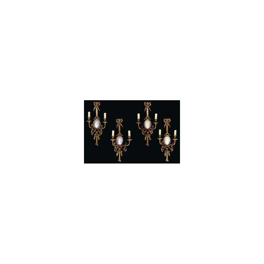 A set of four 19thc. French gilt bronze and blue 'jasperware'  twin branch wall lights by H.Vian