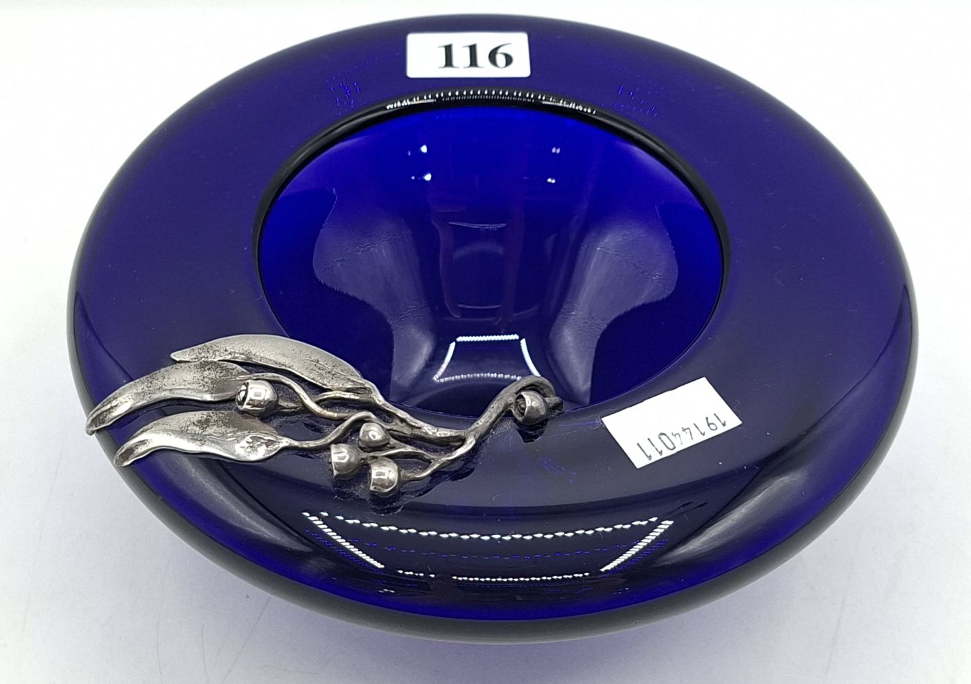 Blue Art Glass Bowl With Gum Leaves