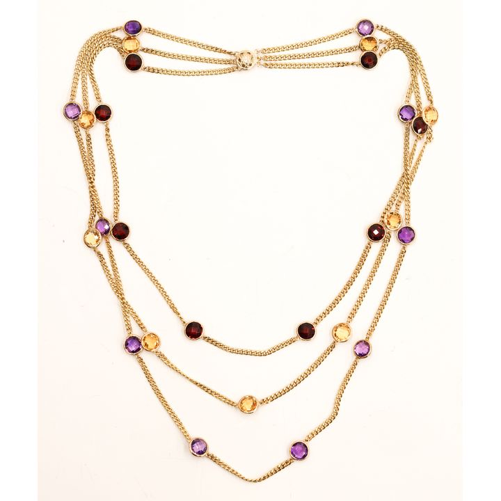 14k Multi Gemstone Triple Strand Station Necklace