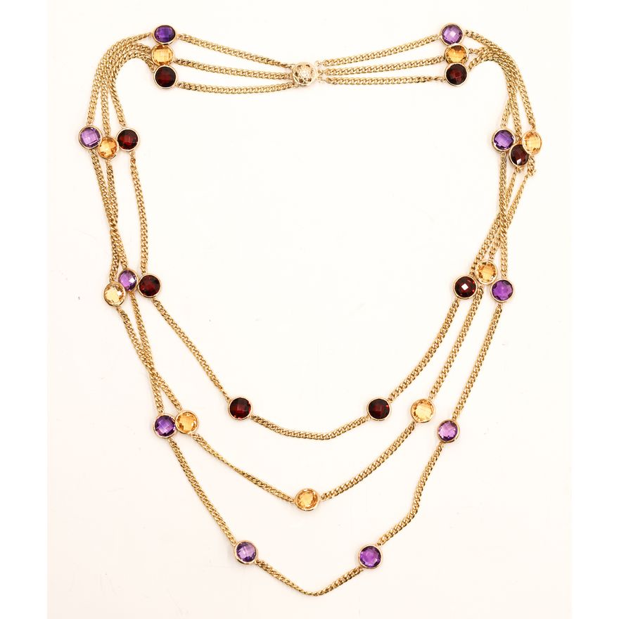 14k Multi Gemstone Triple Strand Station Necklace