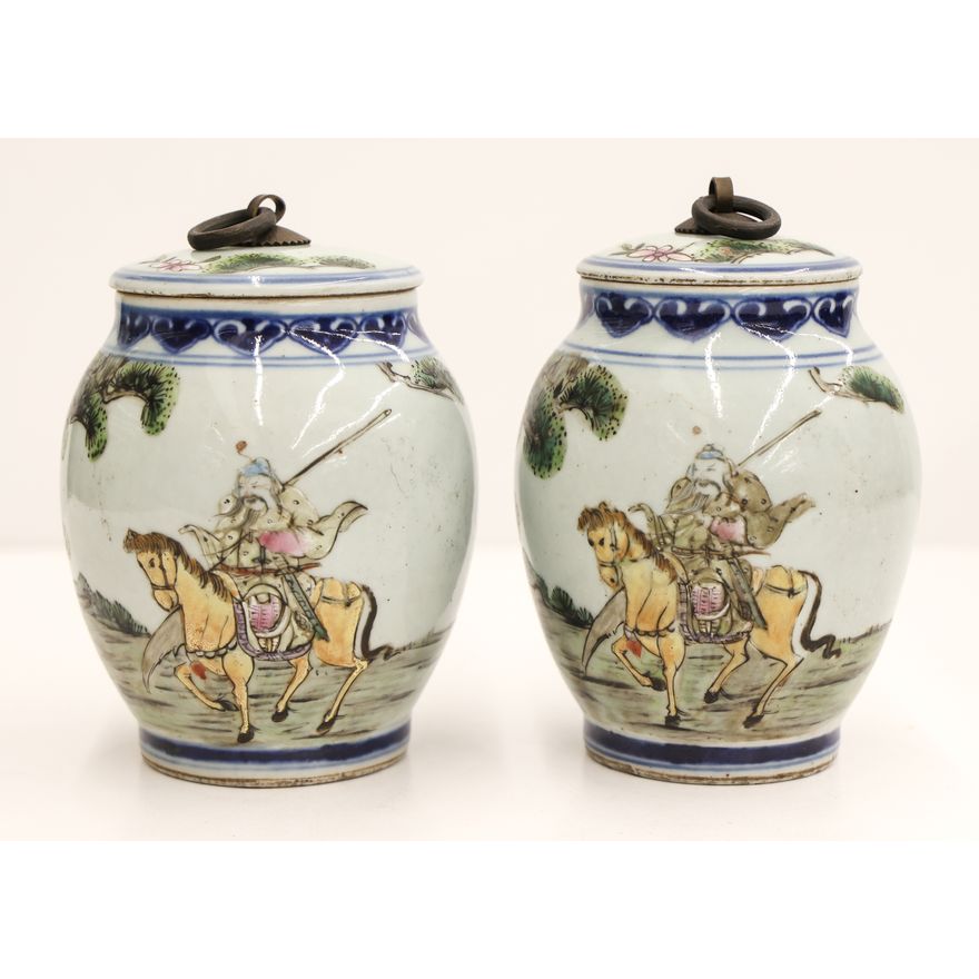 Pair Chinese Enameled Warrior Small Jars