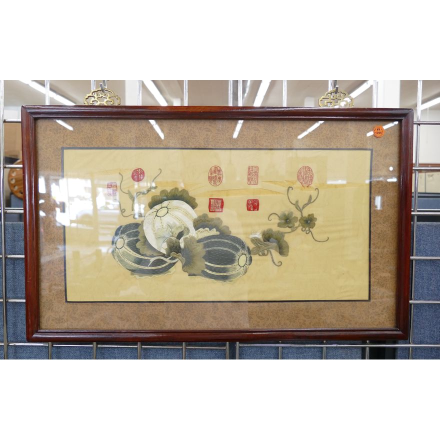 Chinese Silk Embroidery of Melons Framed 15''x25'' - Some tearing