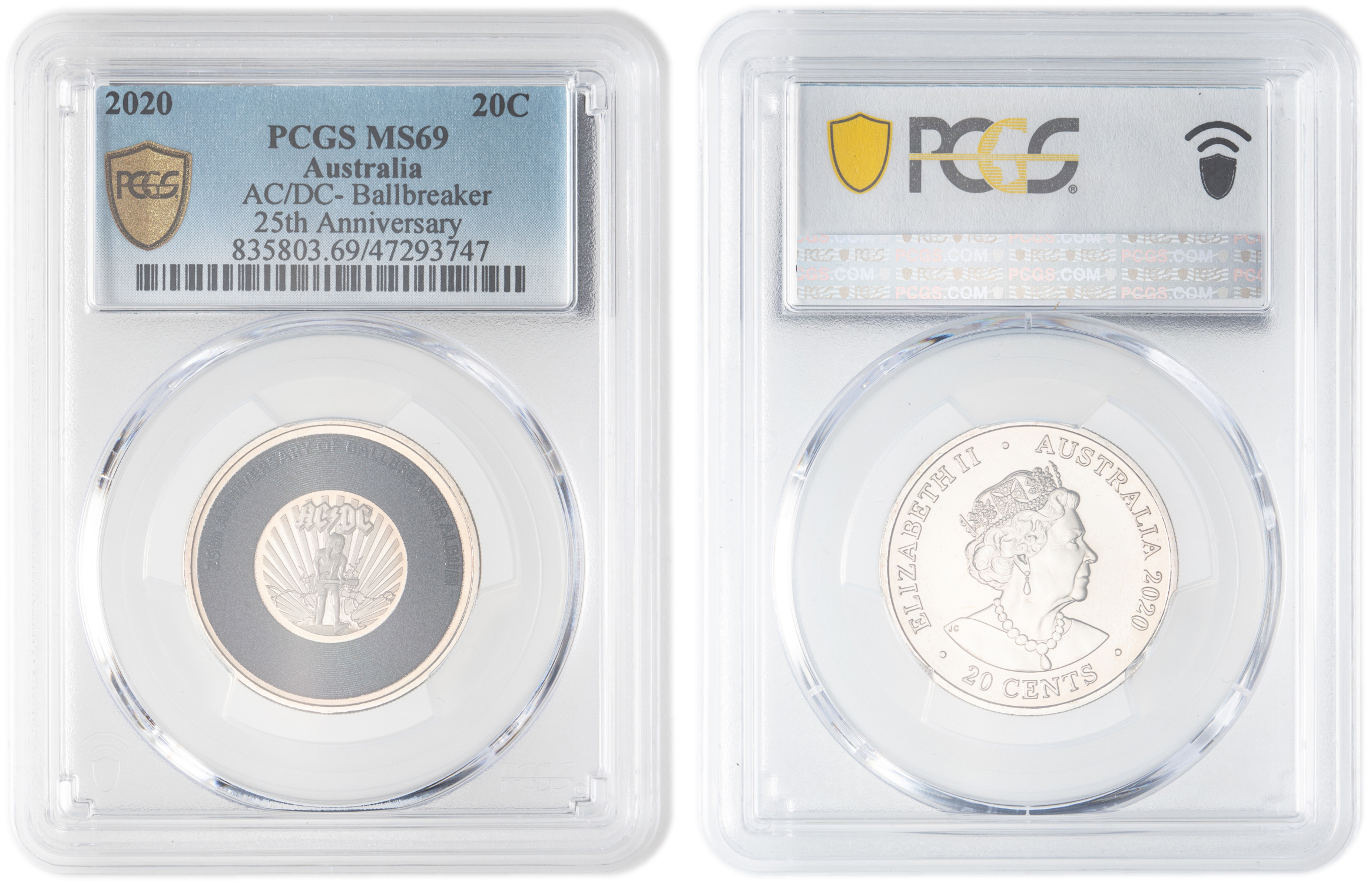 Elizabeth II, AC/DC- Ballbreaker 25th Anniversary, Twenty Cent, 2020, PCGS MS69