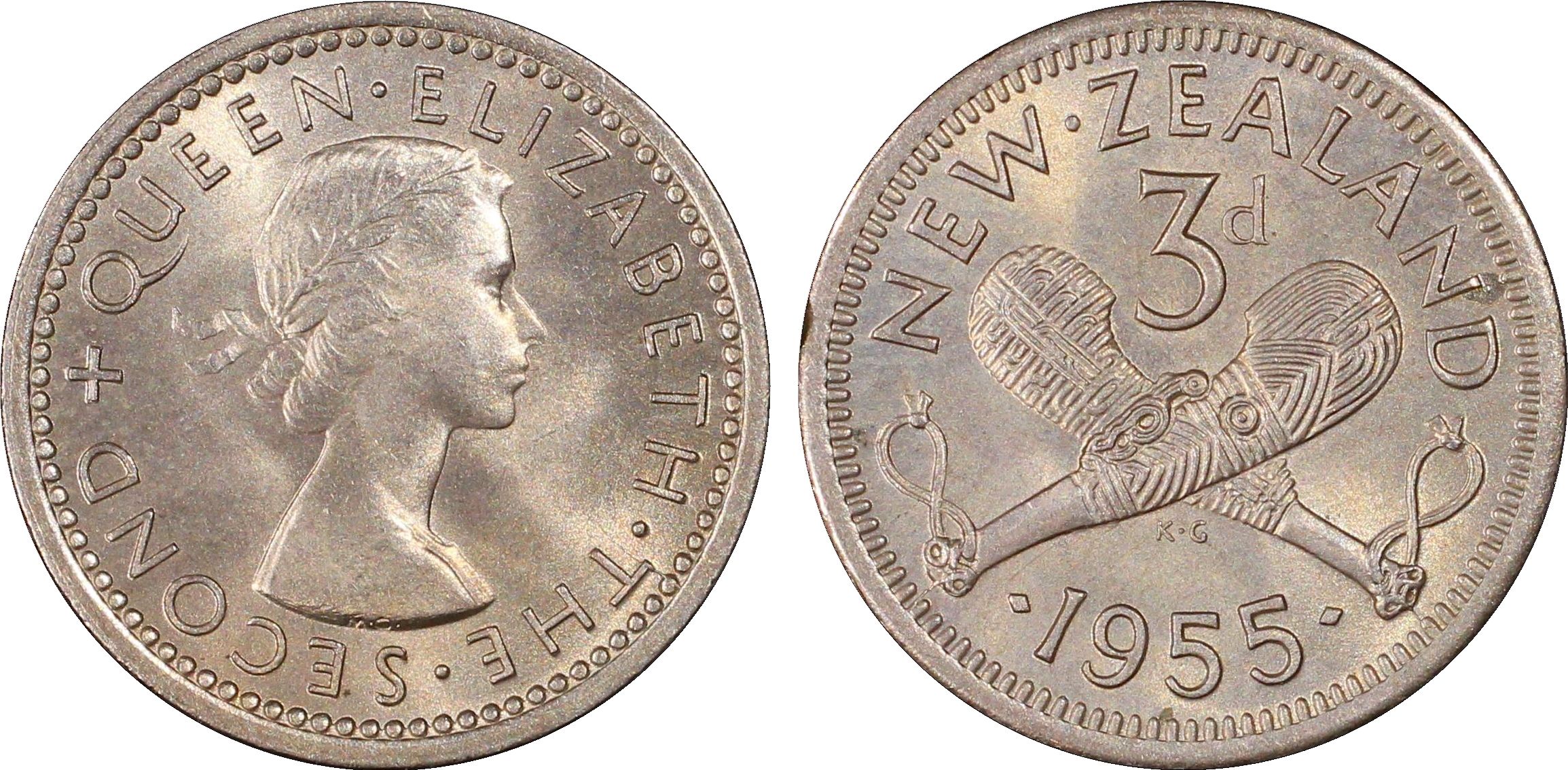 39 · New Zealand, Threepence, 1955, PCGS - MS65
