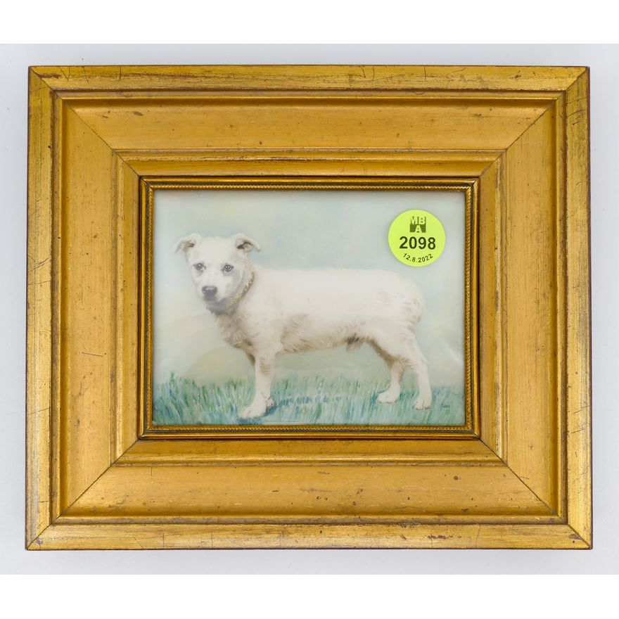 Vintage Painted Miniature of White Dog Framed 6''x7''
