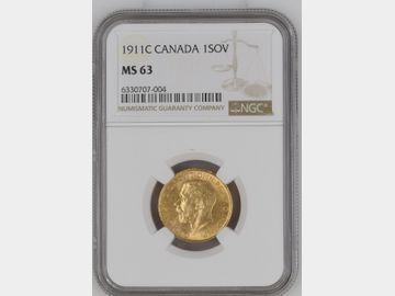 1911 GEORGE V CANADA MINT GOLD SOVEREIGN MS63