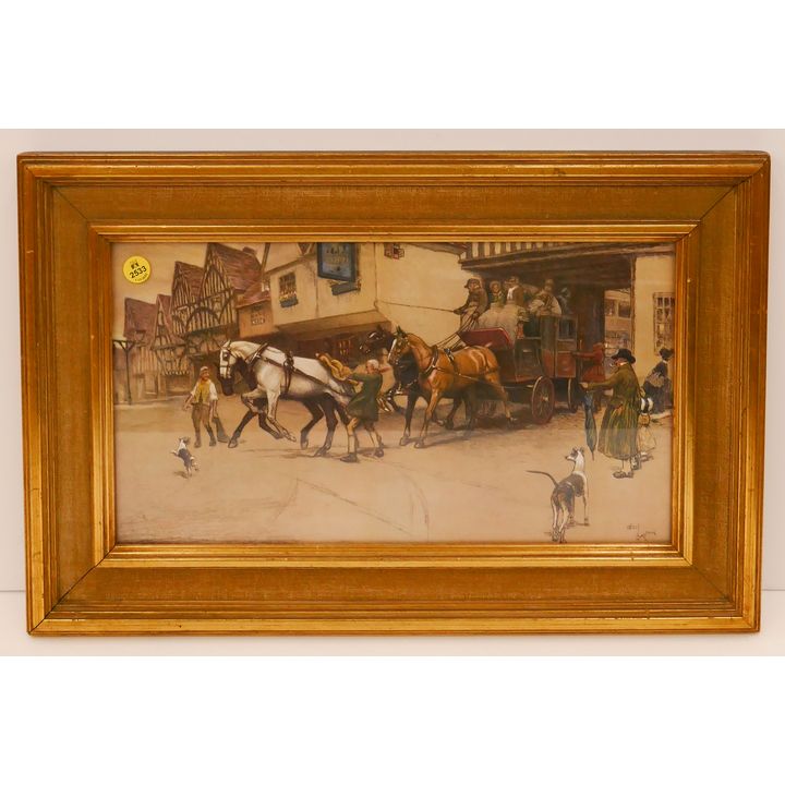 Vintage Cecil Aldin English Scene Print Framed- 13x20''
