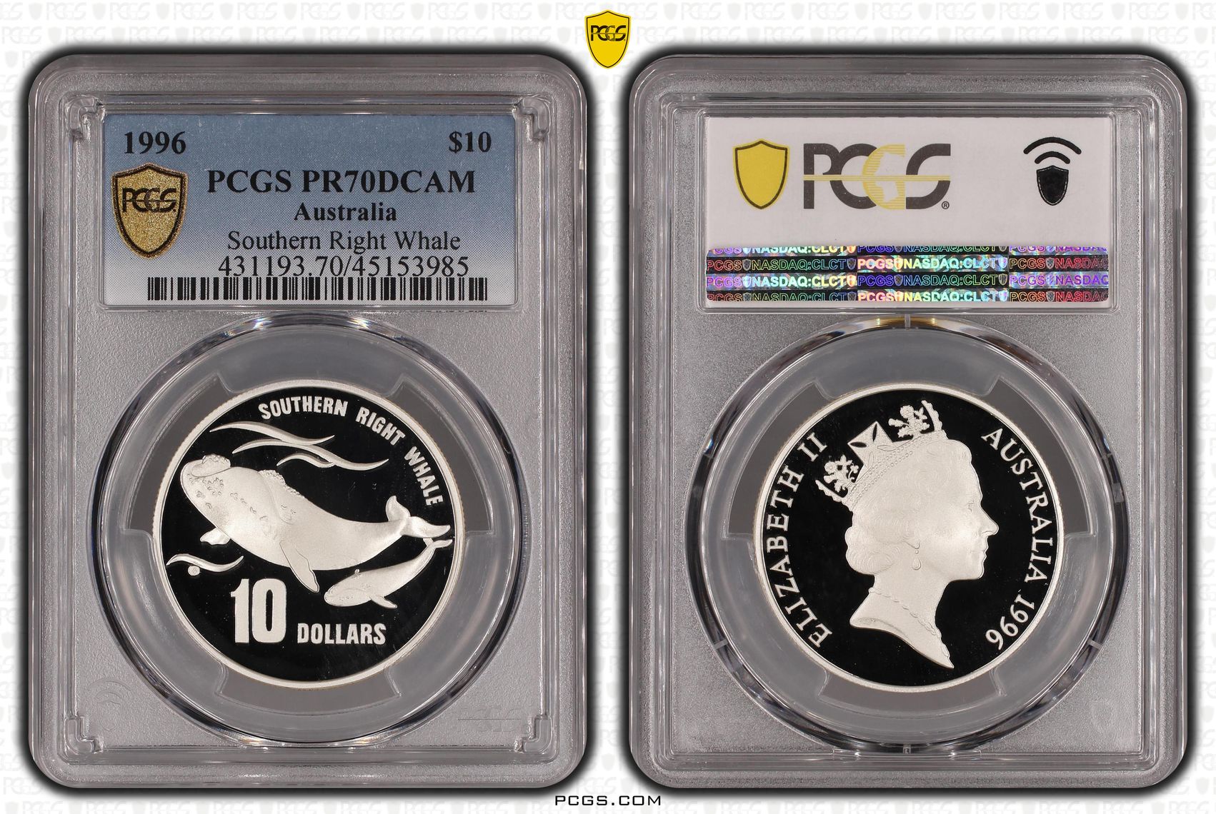 1996 Australia Ten Dollar, $10 Silver Southern Right Whale PCGS - PR70DCAM POP 6/0 -985